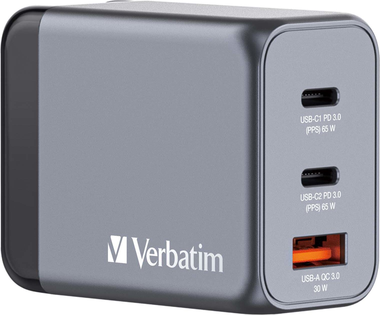 VERBATIM GNC-65 GaN Charger 3 Port 65W USB A/C (EU/UK/US)