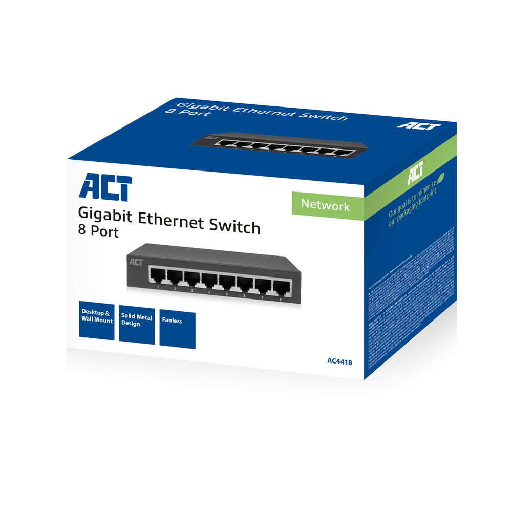 ACT AC4418 8-Port Gigabit Ethernet Switch, Unmanaged, 16 Gbit/s, Grau