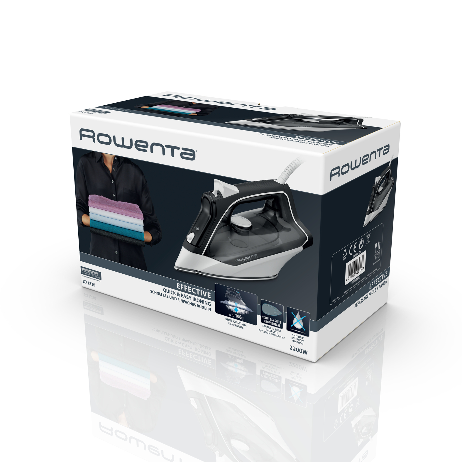 Rowenta Effective 2 DX1530 Dampfbügeleisen Edelstahl-Bügelsohle 2200 W Schwarz, Weiß