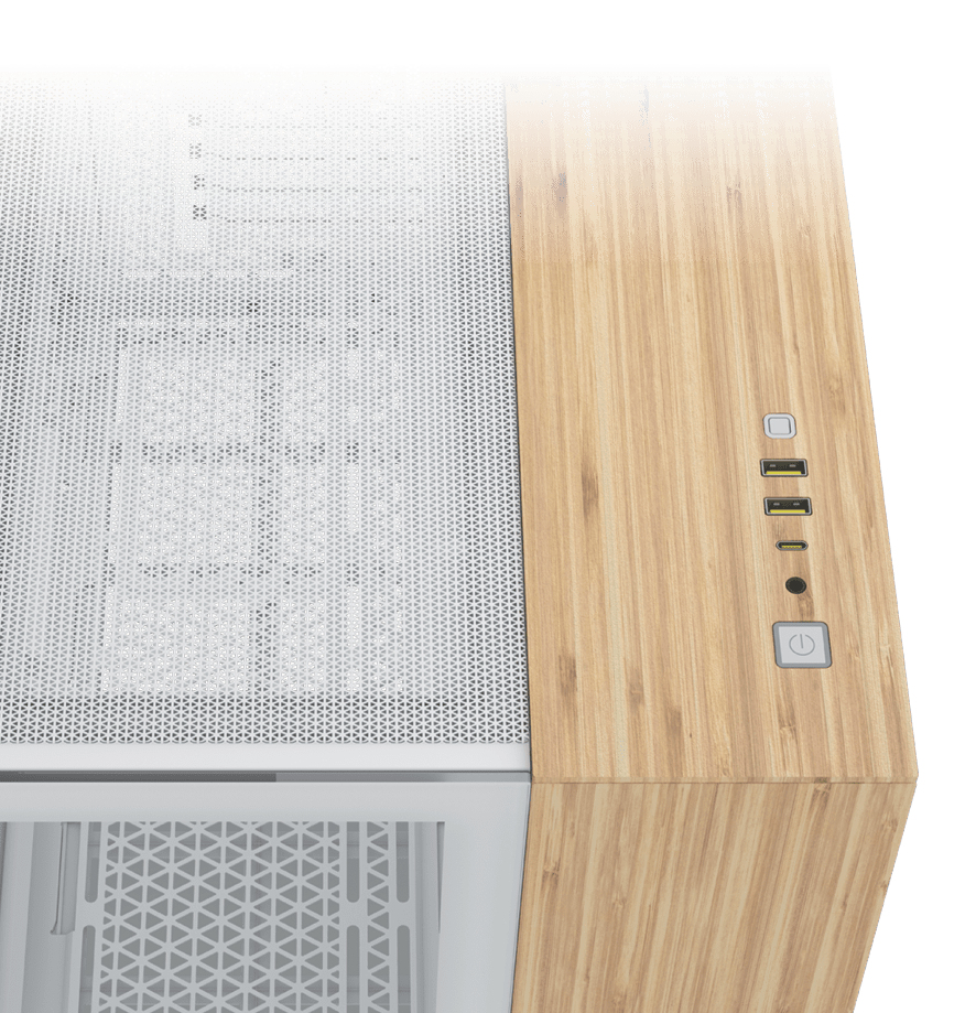 Corsair 2500X Mid-Tower Systemgehäuse, micro ATX, Seitenteil mit gehärtetem Glas, Doppelkammer-Layout, Weiß, Bamboo Wood