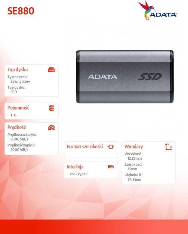 ADATA SE880 Externe SSD 1 TB USB 3.2 Gen 2 USB-C Titanium Gray