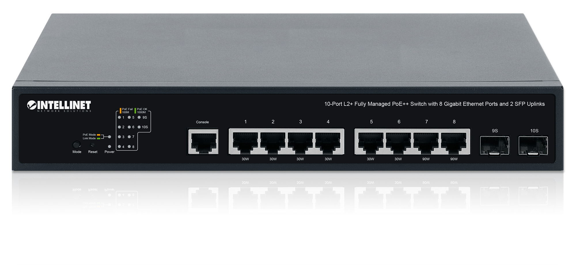 Intellinet 562003 10-Port L2+ Managed PoE++ Switch 8x Gigabit 2x SFP Schwarz