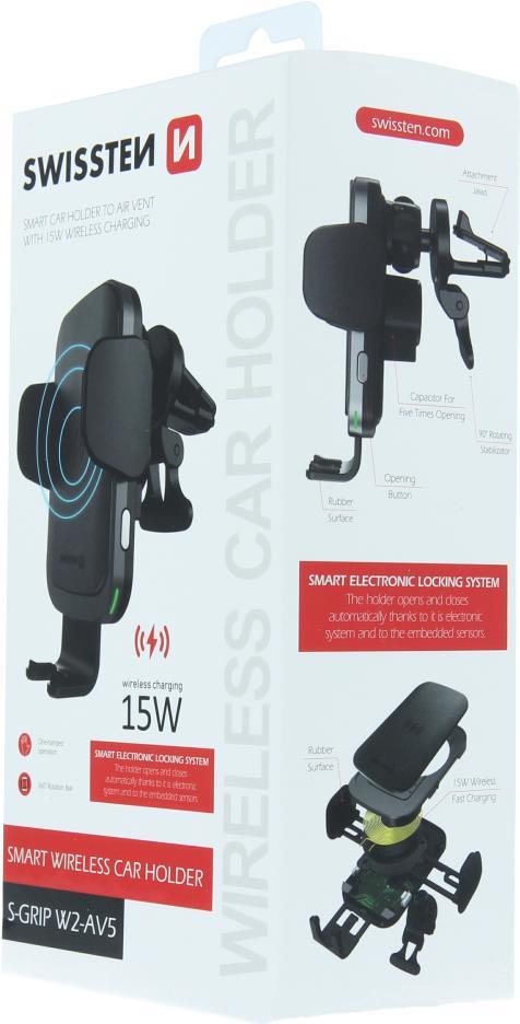 Swissten Car Holder with Wireless Charger 15W, S-Grip W2-AV5, with USB/USB-C Cable, black, Blister (65010606)
