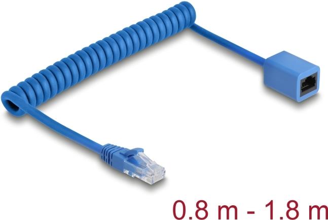 Delock RJ45 Spiralkabel Stecker zu Buchse Cat.6 UTP 0.8 m bis 1.8 blau (90366)