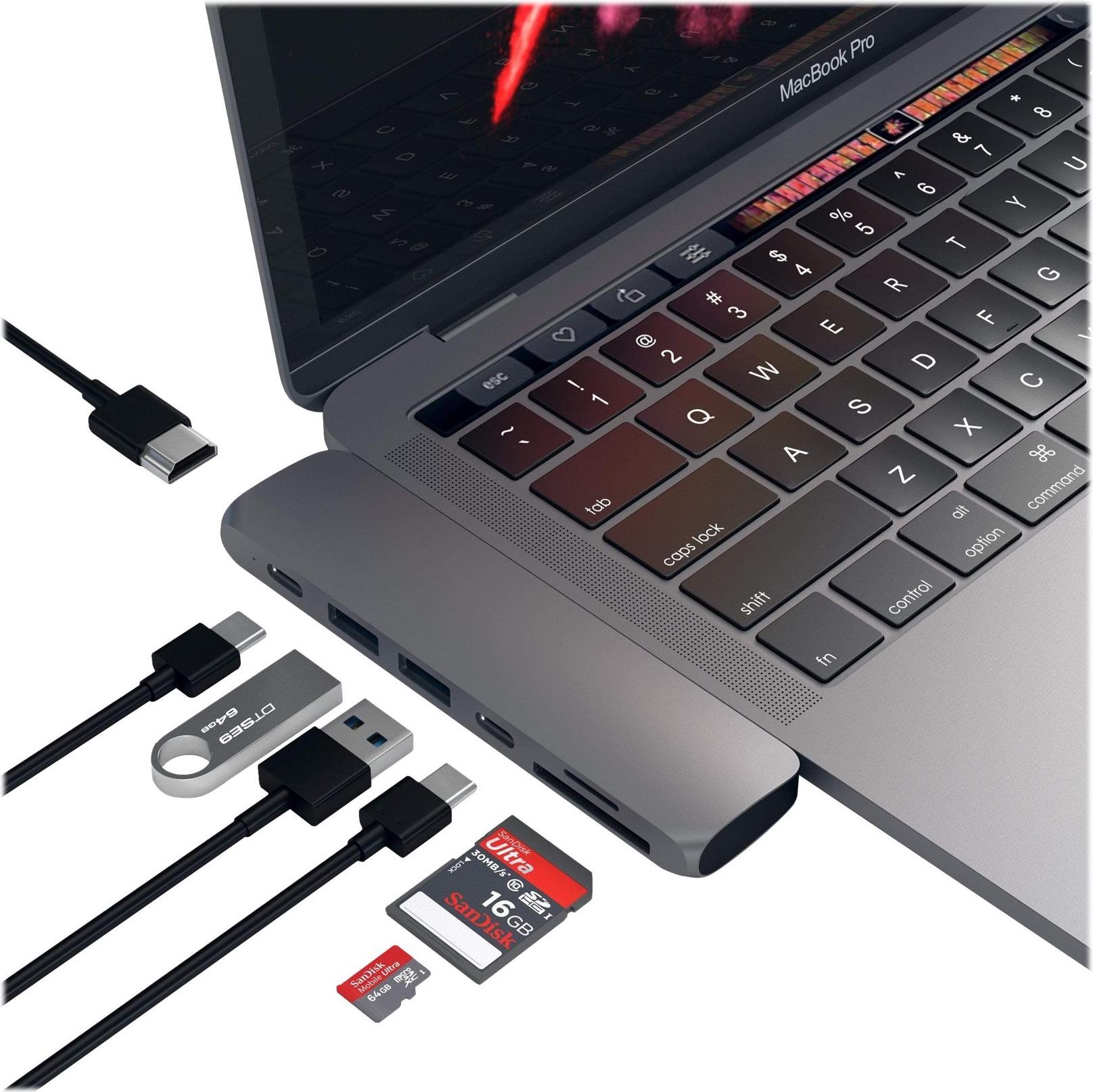 Satechi Type-C Pro Hub Adapter für MacBook Pro 13" und 15", 2× USB 3.0, HDMI 4K, SD/MicroSD, Grau