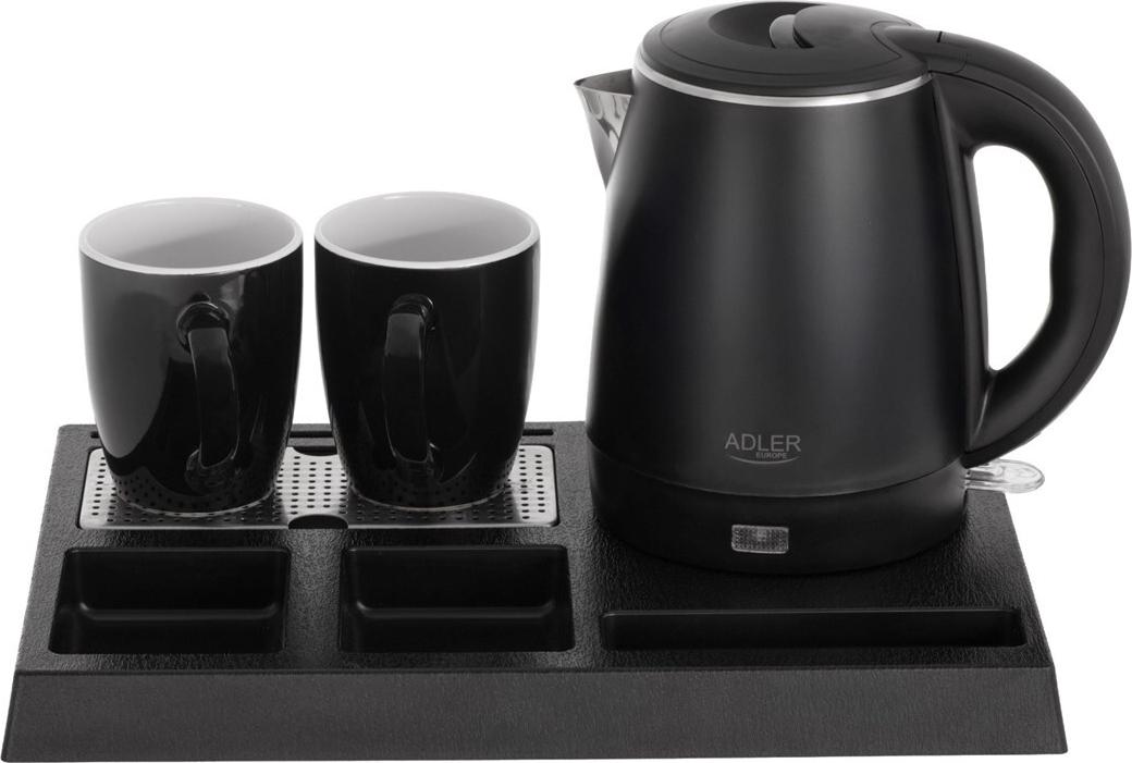 Adler AD 1387 Hotellwasserkocher aus Edelstahl 1 l + Tablett mit Tassen schwarz (AD 1387)