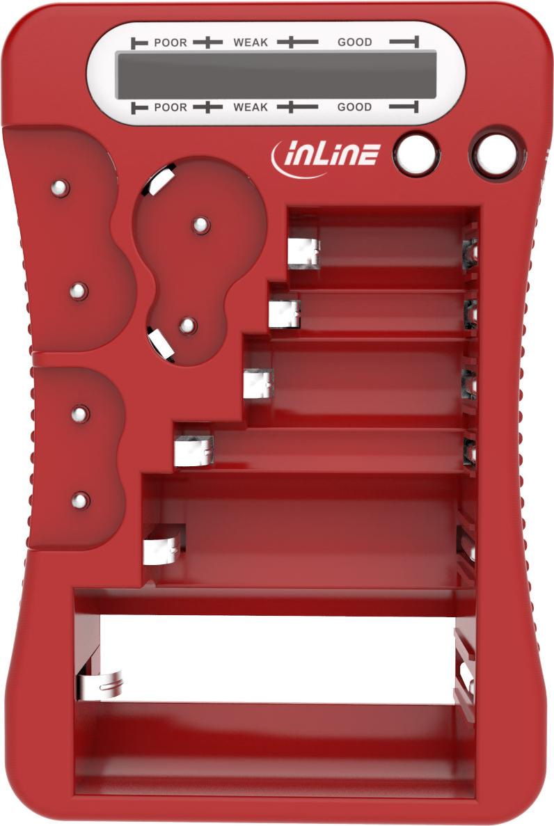 InLine® Batterietester mit LCD-Anzeige, für Rund/Knopfzellen sowie 9V-Block, rot (01285R)