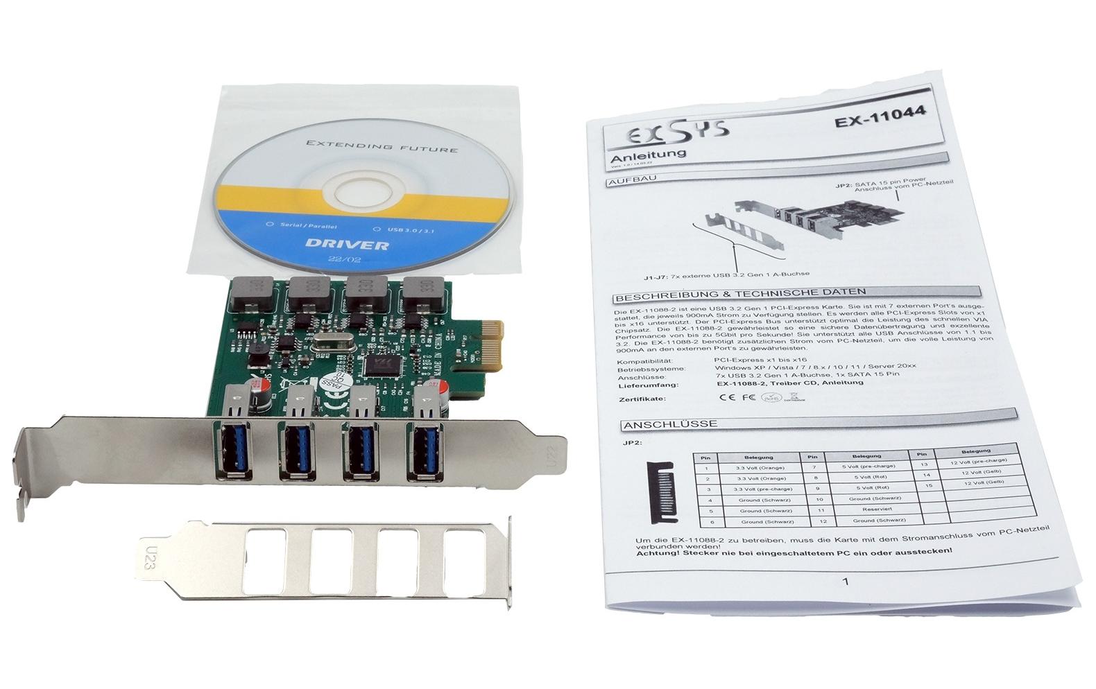 Exsys EX-11044 PCIe USB 3.2 Gen 1 Schnittstellenkarte 4 Ports VIA VL805 Grün Silber