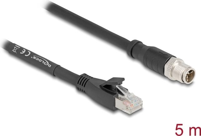 Delock M12 Kabel X-kodiert 8 Pin Stecker zu RJ45 Stecker Cat.5e S/FTP flexibel 5 m schwarz (80585)