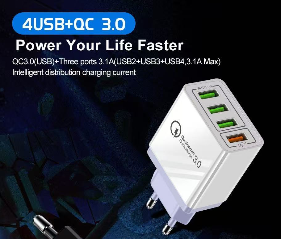 USB Charger mit EU Stecker1*USB QC 3.0 3.6V- 6.5V/3A, DC 6.5V—9V/2A, DC 9V-12V/1.5A3*USB 5V 3.1A MAXAbmessungen: 91x45x27mmFarbe: weiß100-240V 50-60HzGewicht: 63gverpackt in weißer Faltschachtel (EU-PLUGUSB-A4)