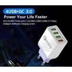 USB Charger mit EU Stecker1*USB QC 3.0 3.6V- 6.5V/3A, DC 6.5V—9V/2A, DC 9V-12V/1.5A3*USB 5V 3.1A MAXAbmessungen: 91x45x27mmFarbe: weiß100-240V 50-60HzGewicht: 63gverpackt in weißer Faltschachtel (EU-PLUGUSB-A4)