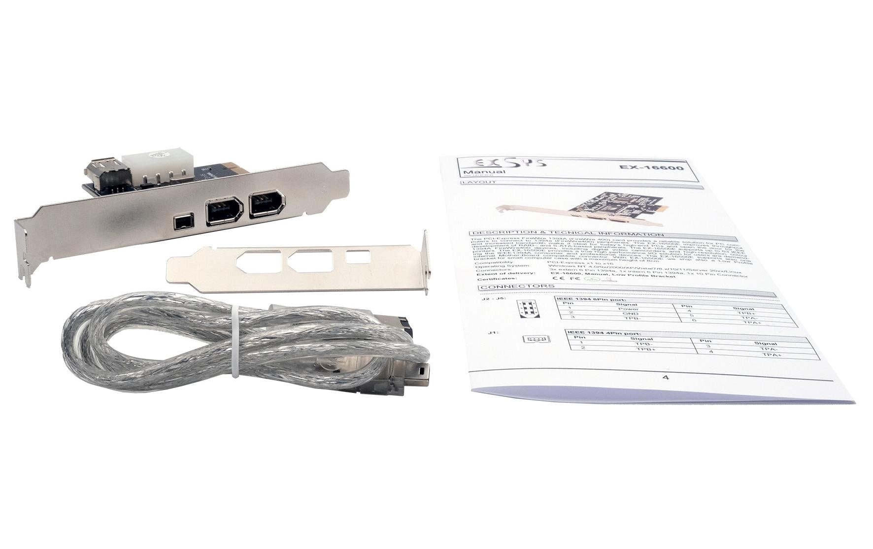 Exsys EX-16600 PCIe FireWire IEEE 1394a Schnittstellenkarte 4 Ports Schwarz, Edelstahl