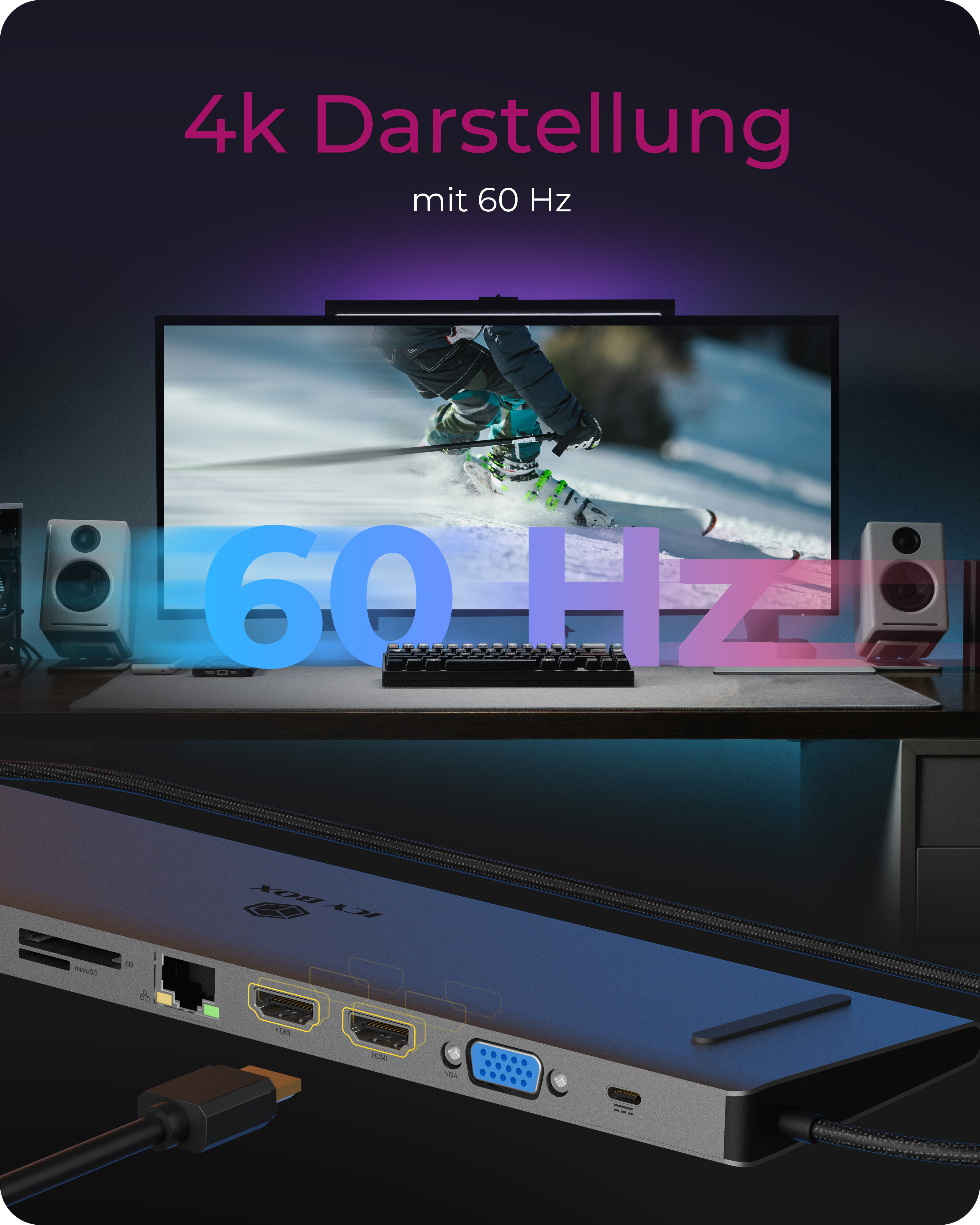 ICY BOX IB-DK2106a-CPD Dockingstation USB-C 11-in-1 mit Power Delivery Anthrazit, Schwarz