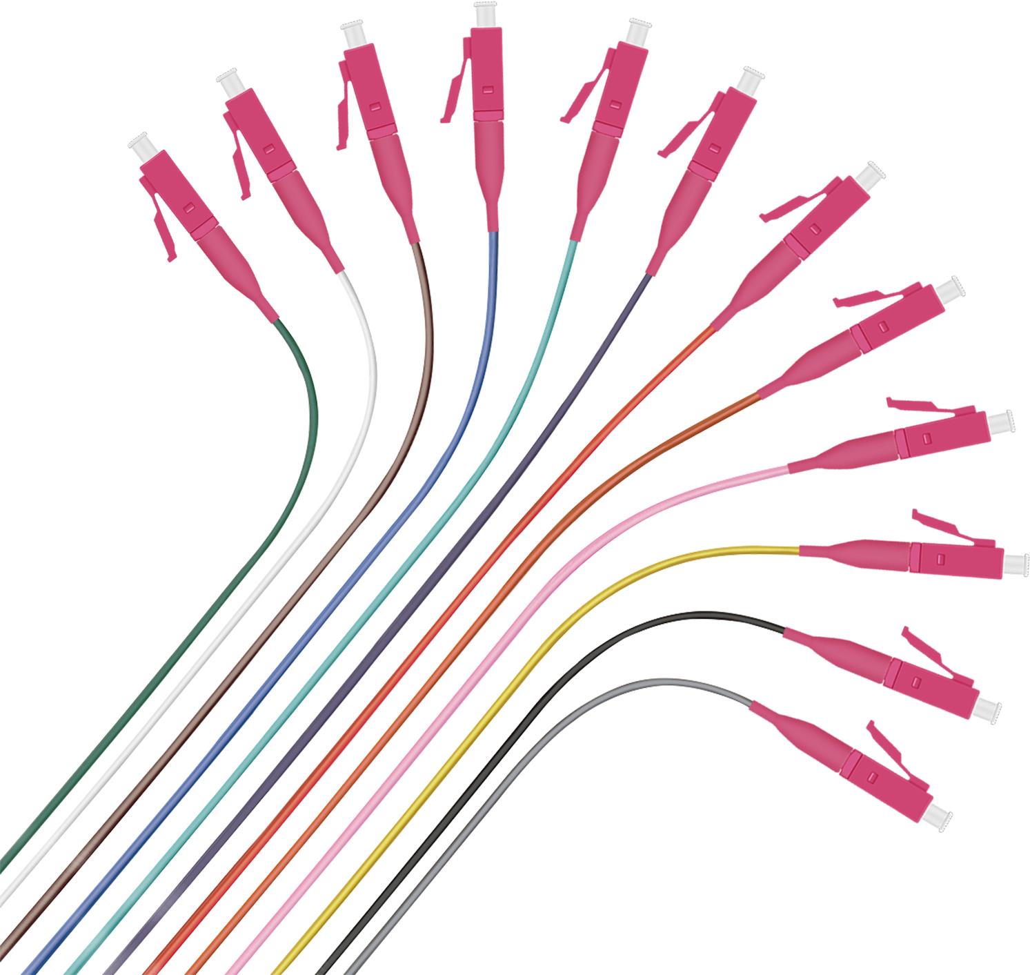 Helos Faserpigtail 12 x LC OM4 50/125µm, easy strip, 2,0m ?900 u halogenfree outer Jacket ?Cable OD:0.9mm±0.05 ?OM4 50/125um ?For 10 Gbit Ethernet ?with ceramic Ferrule and boot ?UPC Polish ?Cable color:1.blue,2.orange, 3.green, 4.brown,5.grey, 6.white ,7.red, 8.black, 9.yellow, 10.violett, 11.pink, 12.aqua ?Cladding color:1.blue,2.orange, 3.green, 4.brown,5.grey, 6.white ,7.red, 8.black, 9.yellow, 10.violett, 11.pink, 12.aqua ?Loose Buffered ?Easy strip type at least 1m ?RoHS 2.0 and REACH Compliant (288347)