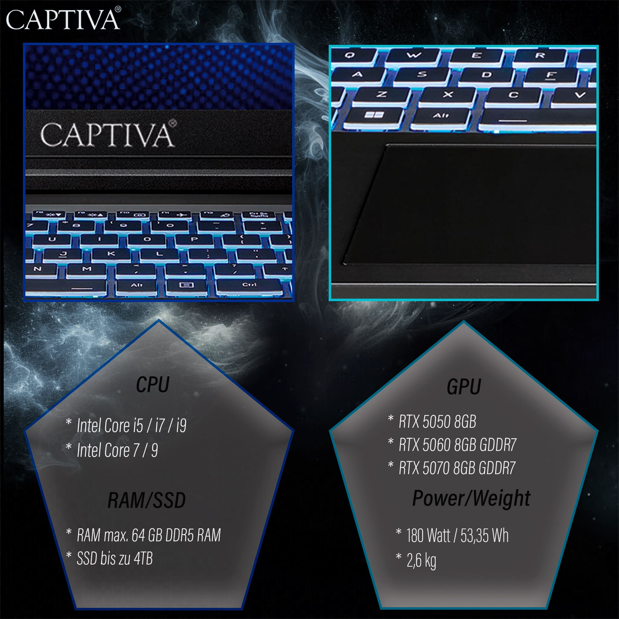 CAPTIVA Highend Gaming I98-032CH Notebook 17,3" Intel Core i7-13620H 32 GB RAM 1 TB SSD GeForce RTX 5070 ohne Betriebssystem Schwarz