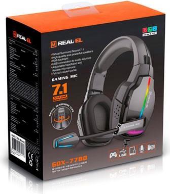 REAL-EL GDX-7780 SURROUND 7.1 Gaming-Kopfhörer mit Mikrofon und RGB-Hintergrundbeleuchtung, schwarz (EL124100047)