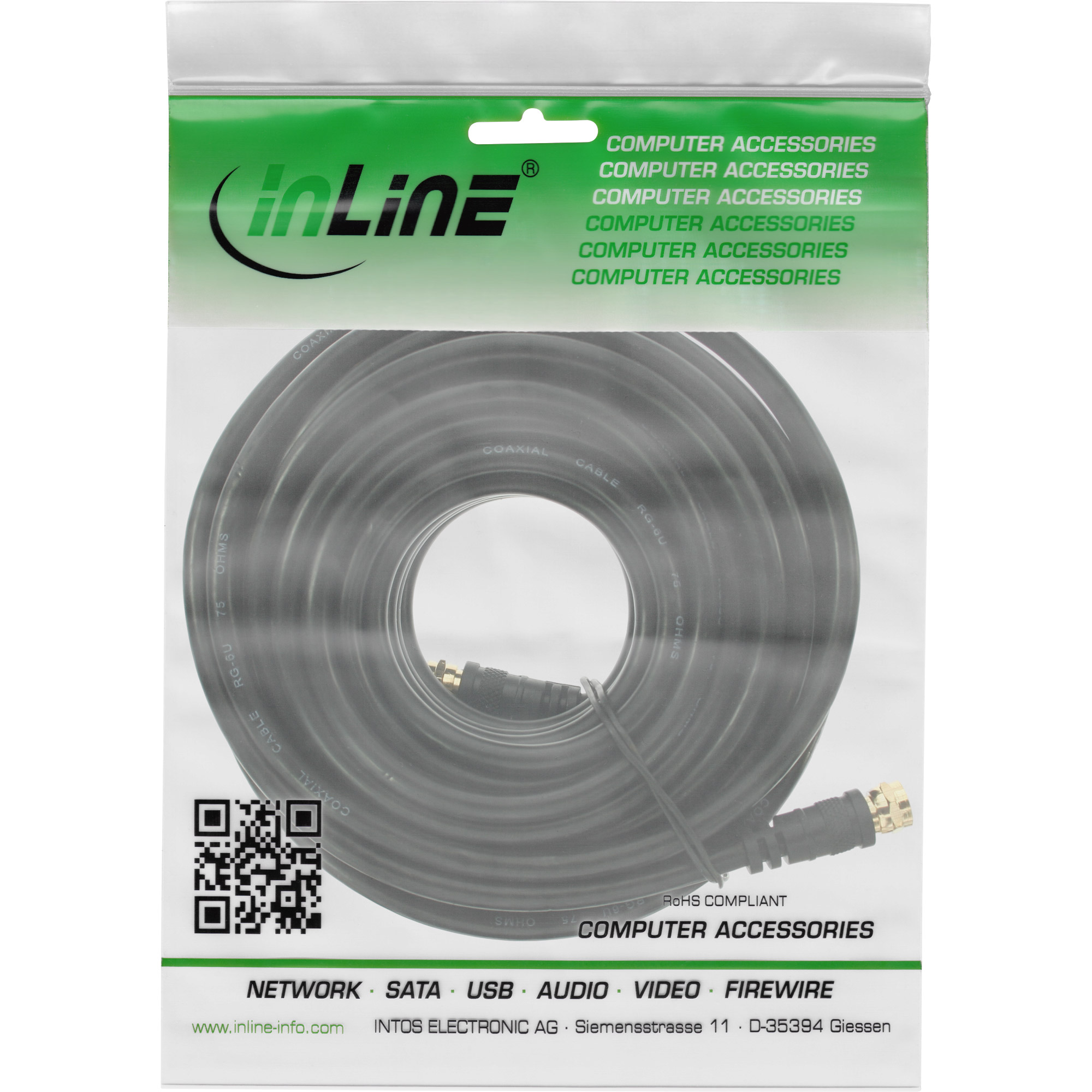 InLine Premium Koaxialkabel F-Stecker auf F-Stecker 1 mm² 15 m doppelt abgeschirmt >85 dB Schwarz