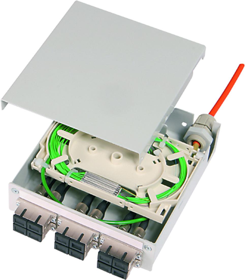 Telegärtner STX Tragschienen-Verteiler mit 6xLC Duplex, Singlemode, Spleißkassette, Pigtails; 12x E9/125, LC, eingefärbt und spleißfertig abgesetzt (H82050E0005)