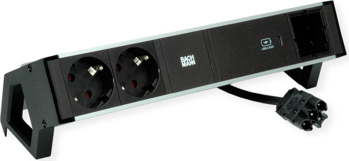 Bachmann DESK2 ALU BLACK Steckdoseneinheit mit erhöhtem Berührungsschutz 2xSchutzkontaktsteckdosen 88,90cm (35") schwarz 1xUSB C 60W Charger 1xCustom Modul leer Zuleitung 0,2m H05VV-F3G1,5mm² schwarz mit GST18i3 Stecker Profil: Aluminium eloxiert (natur) Endkappen: Kunst (937.306)