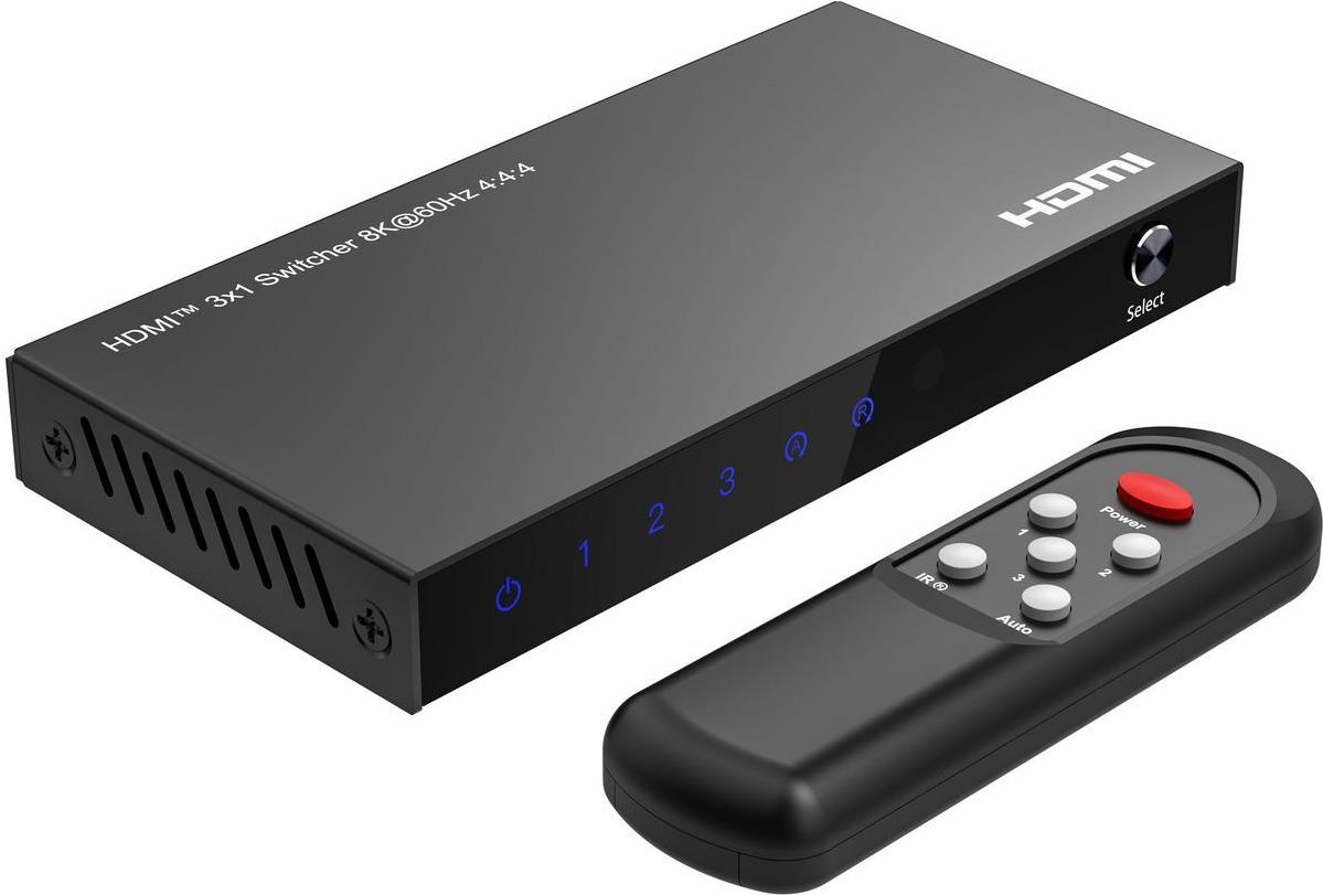 MicroConnect 8Ka60Hz HDMI Switch 3x1 HDCP 2.3 w/Remote control (MC-HDMISWITCH0301-8K)
