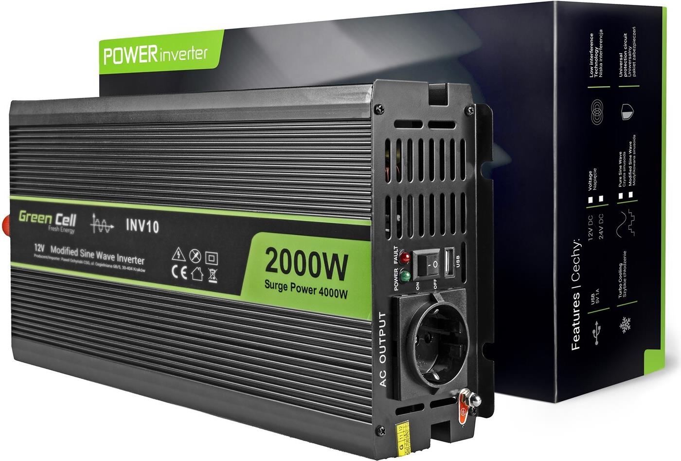 Green Cell INV10 Kfz-Wechselrichter DC 12 V auf AC 230 V 2000 W Schwarz