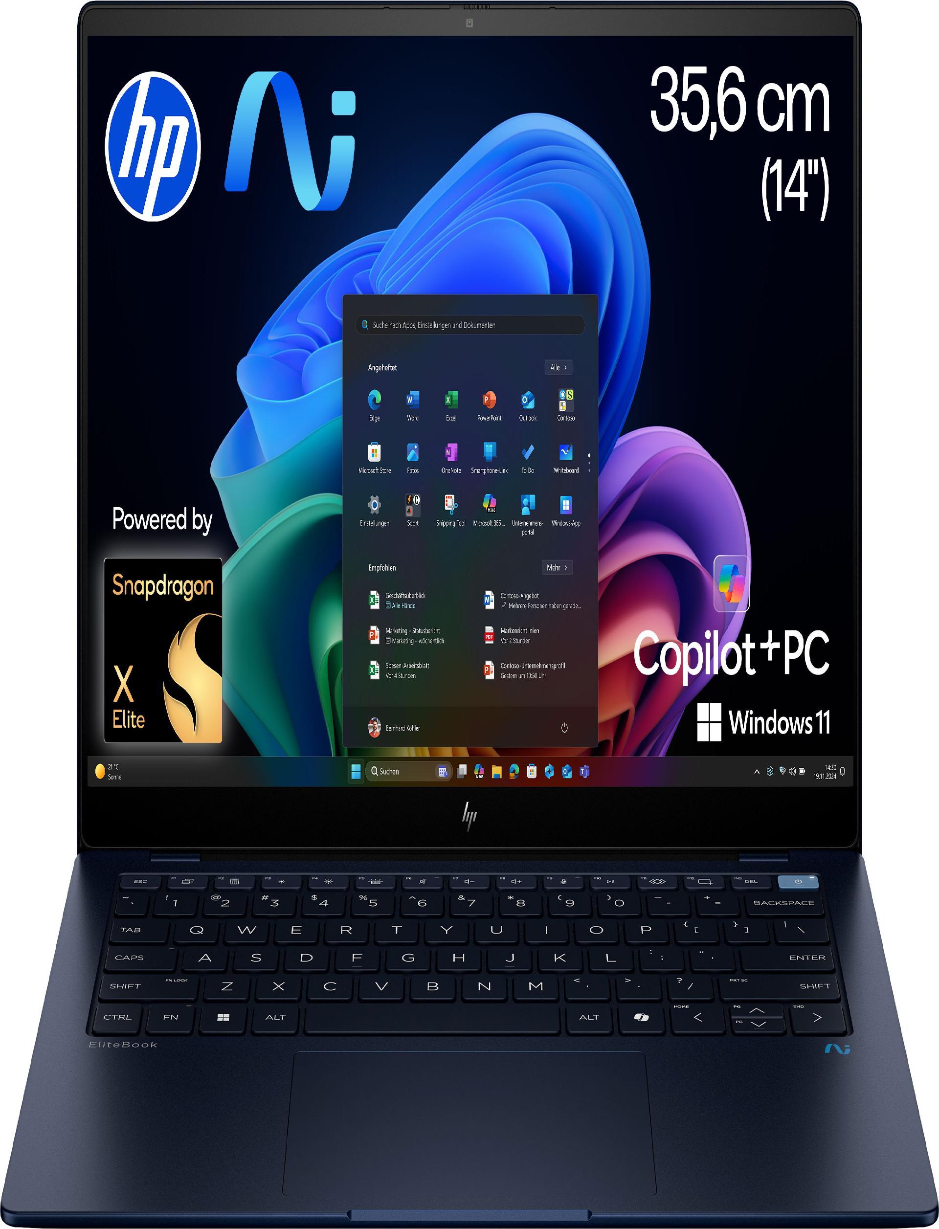 HP EliteBook Ultra G1q KI Laptop Qualcomm Snapdragon X1E-78-100 (14") Touchscreen 2.2K 16 GB LPDDR5x-SDRAM 512 GB SSD Windows 11 Pro Copilot+ PC Blau (A26TMEA#ABD) (geöffnet) (B-Ware)