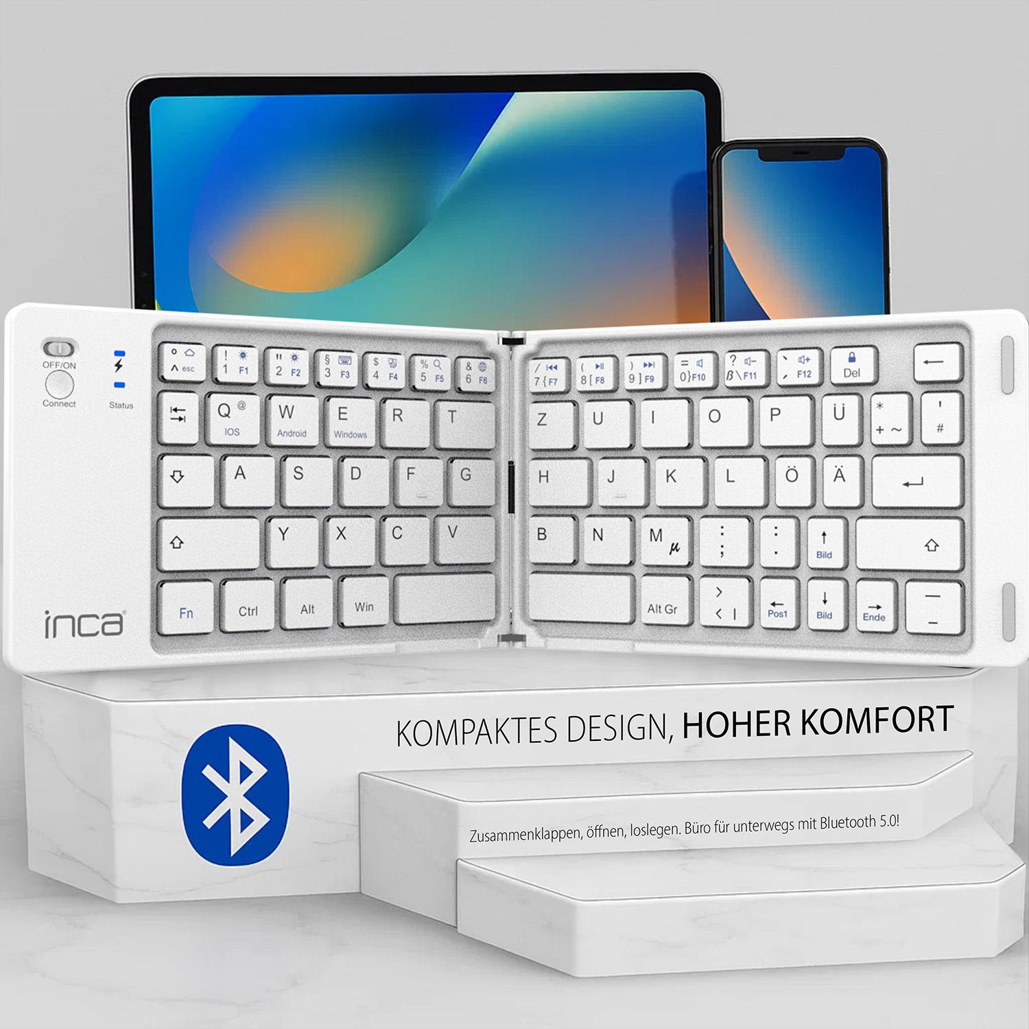 INCA IBK-580BT Kabellose Mini-Tastatur Faltbar Bluetooth 5.0 USB-C Weiß