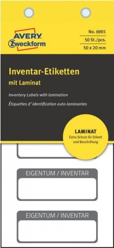 AVERY Zweckform Inventar-Etiketten mit Laminat, schwarz 50 x 20 mm, 1 Beschriftungsfeld, weiß mit schwarzem Rahmen, - 1 Stück (6901)