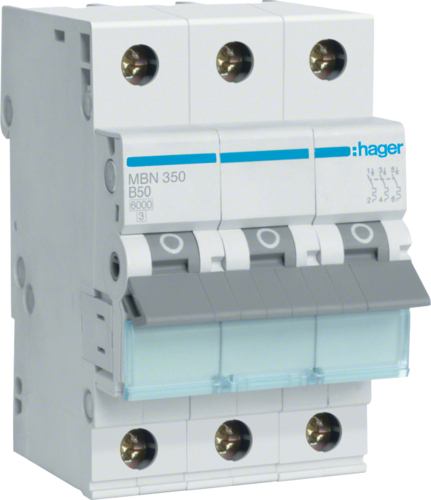 Hager MBN350. Anzahl der Pole: 3P. AC Eingangsfrequenz: 50/60 Hz, Nominale Stromabgabe: 50 A (MBN350)