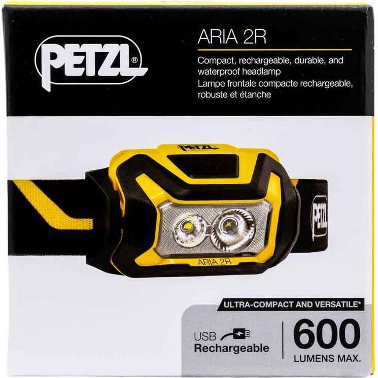 Petzl ARIA 2R Kopflampe Schwarz / gelb Kompakte, wiederaufladbare, robuste und wasserdichte Stirnlampe, deren Licht für die Sicht in der Nähe und die Bewegung ausgelegt ist. 600 Lumen (E071AA00)