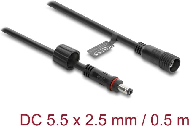 Delock DC Verlängerungskabel 5,5 x 2,5 mm Stecker zu Buchse mit Schraubverschluss M12 x 1,75 mm Gewinde wasserfest 18 AWG, 0,5 m schwarz (67385)