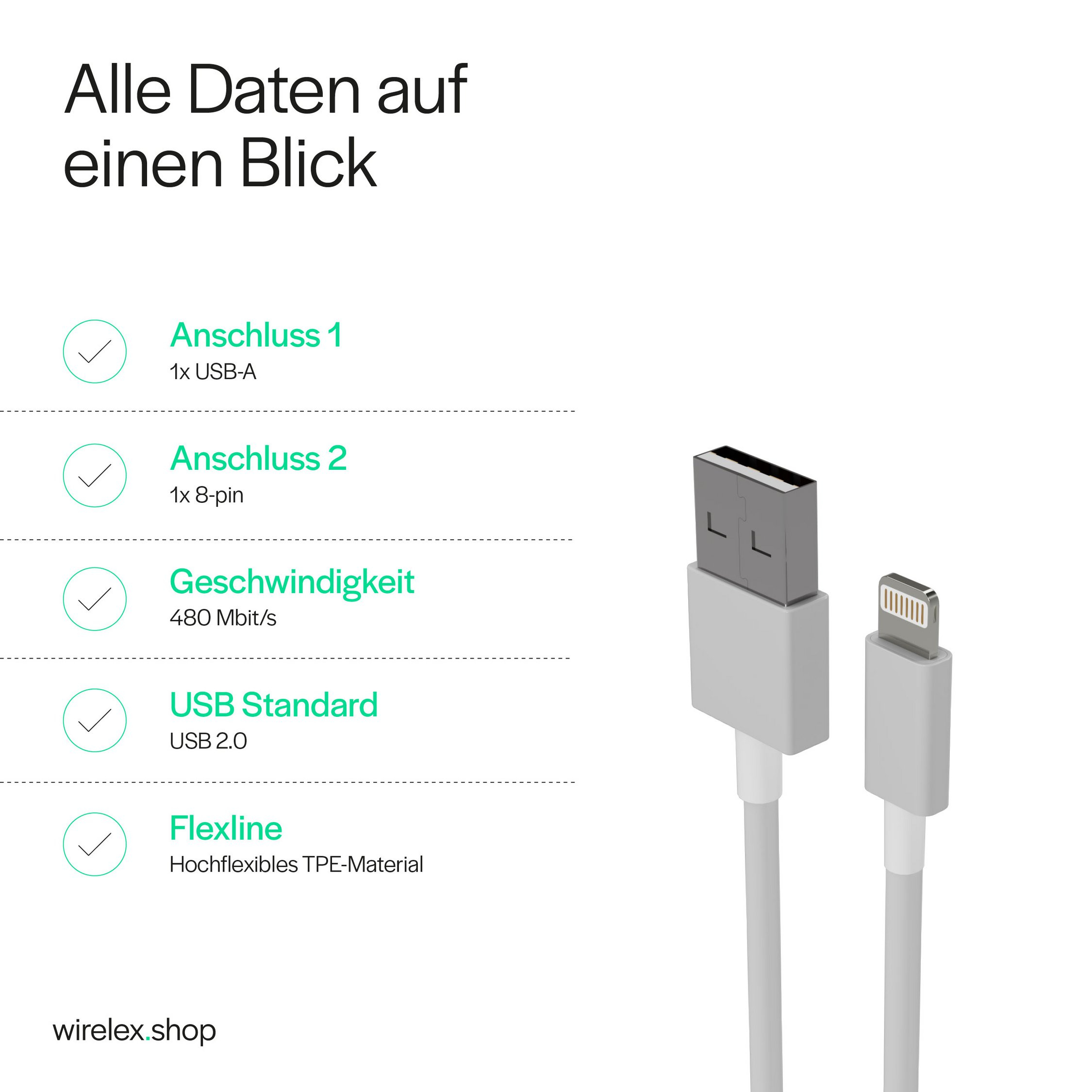 Flexline USB-A auf Lightning Lade- und Sync-Kabel, ABS, 2 m, Weiß