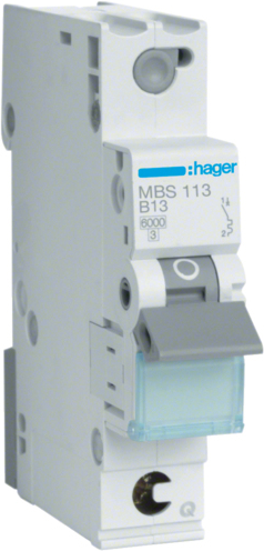 Hager MBS113. Nennstrom: 13 A, AC Eingangsfrequenz: 50/60 Hz. Typ: B-type, Module Menge (max): 1 Modul(e). Breite: 17,5 mm, Tiefe: 70 mm, Höhe: 83,4 mm (MBS113)