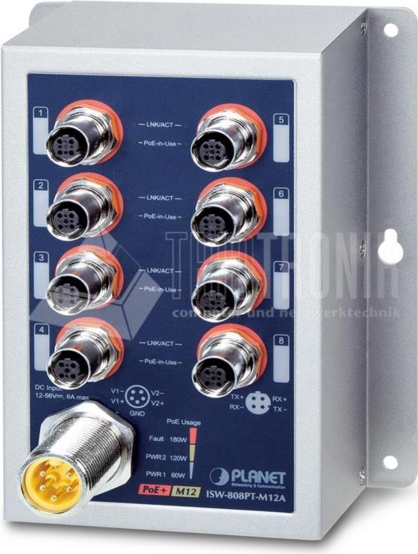 PLANET IP50 Ind 8-P 10/100TX M12 Unmanaged Power over Ethernet (PoE) Grau (ISW-808PT-M12A)