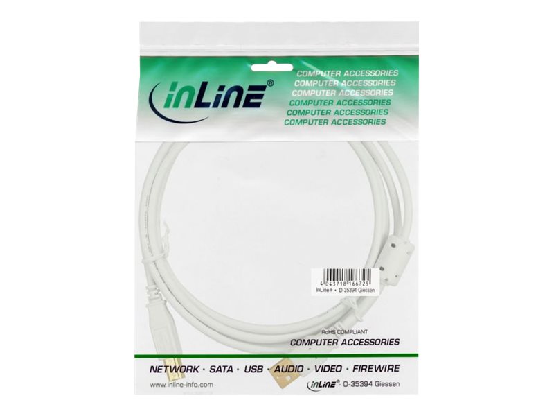 InLine USB 2.0 Kabel, Typ A auf Typ B, mit Ferritkern, 5 m, weiß/gold