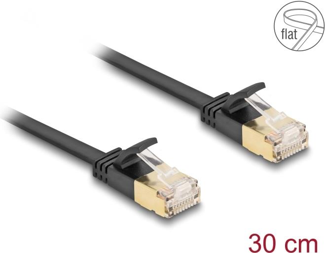 Delock RJ45 Netzwerkkabel Cat.6A Stecker zu Stecker mit robuster Rastnase und Cat.7 Rohflachbandkabel U/FTP 0,3 m schwarz (80343)