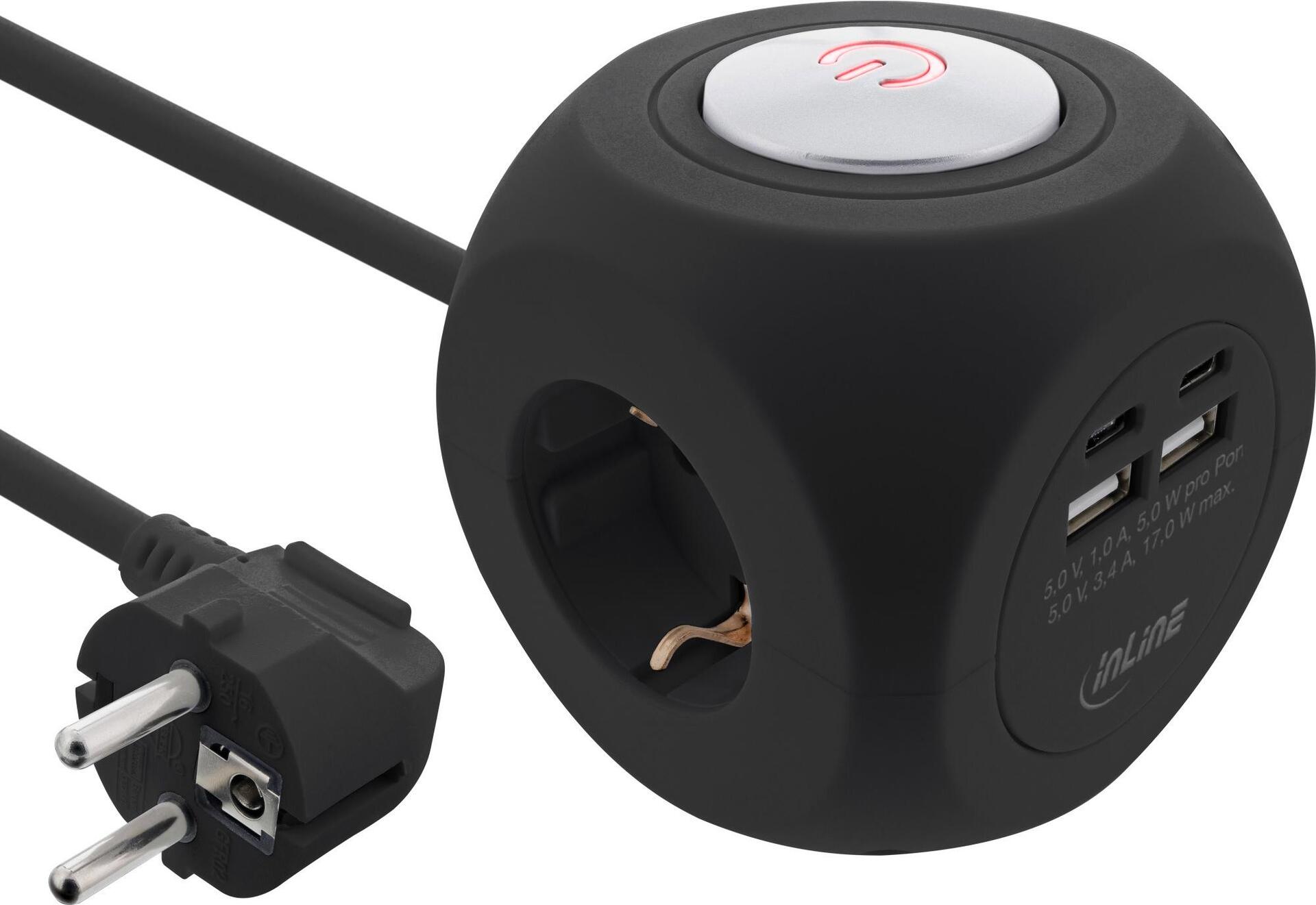 InLine® Charging Cube, 3x Schutzkontakt, 2x USB-C, 2x USB-A, schwarz, 2m (16499B)