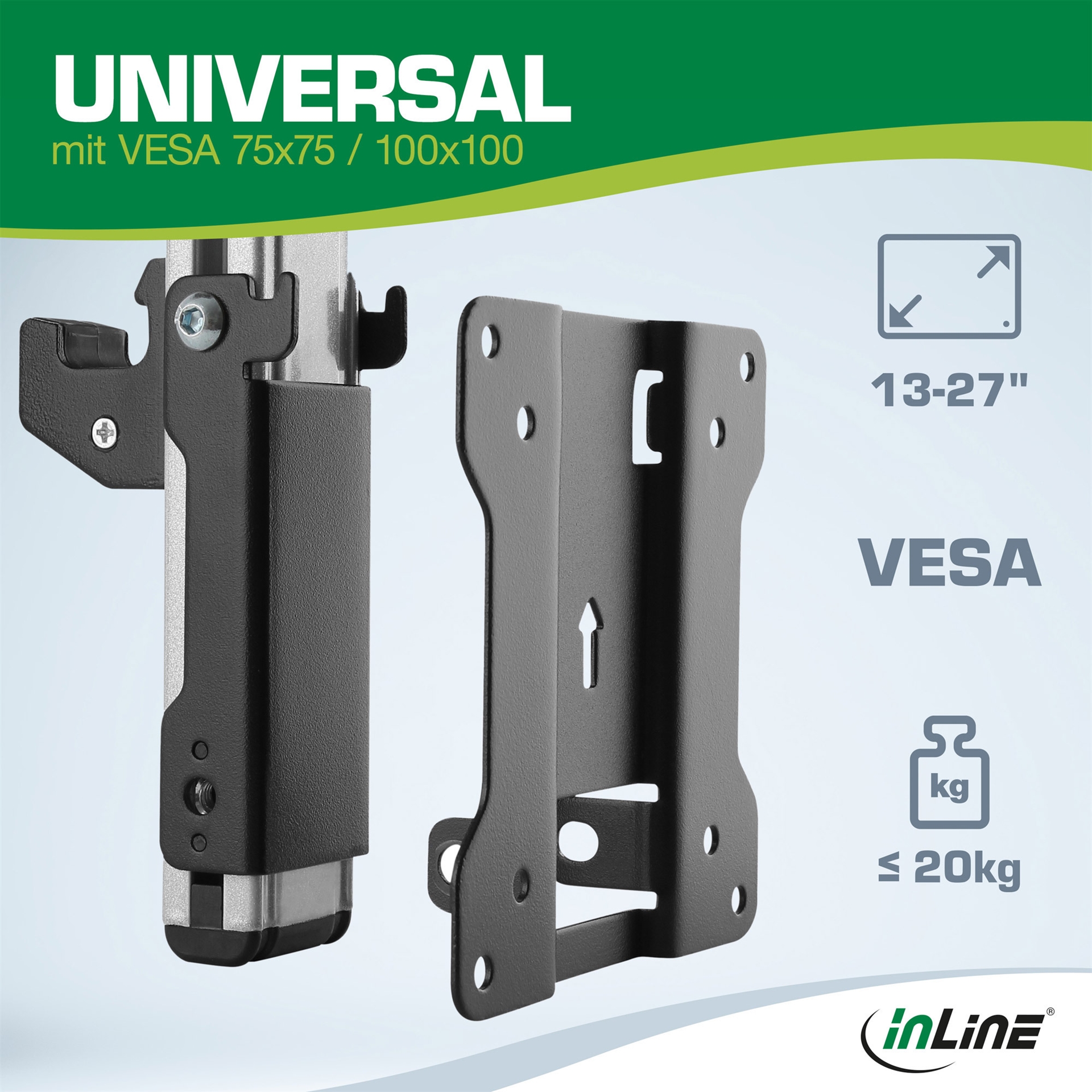 InLine Monitorhalterung 23163A Unterschrank-Montage für Monitore bis 27" VESA 75x75/100x100 bis 20 kg Schwarz