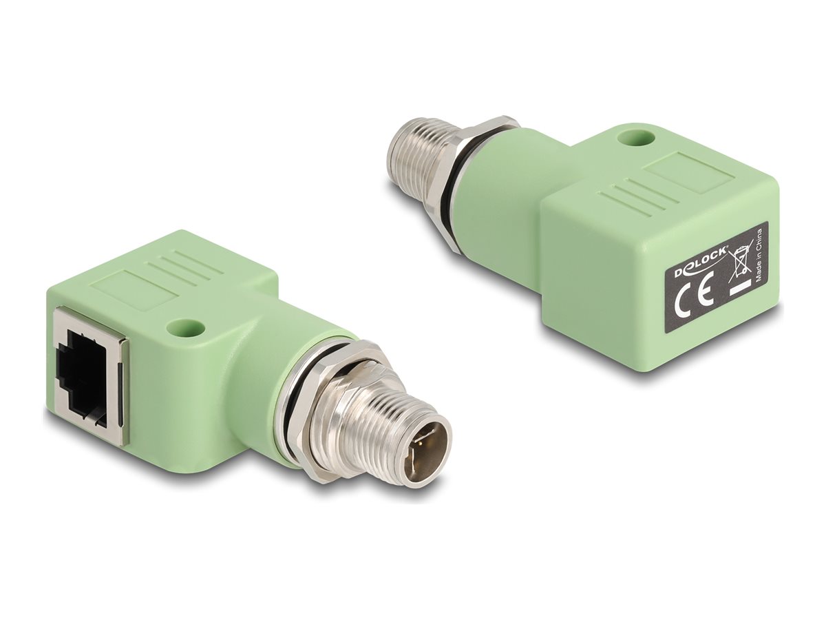 Delock M12 Adapter X-kodiert 8 Pin Stecker zu RJ45 Buchse Cat.5e 90° gewinkelt Grün