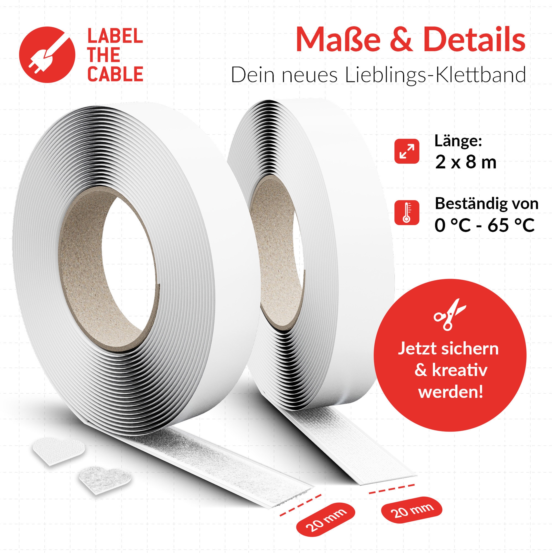 Label-The-Cable LTC Easy Tape Strap, Klettbandrolle selbstklebend 20mm, weiß, 8m (LTC 1520-8-20)