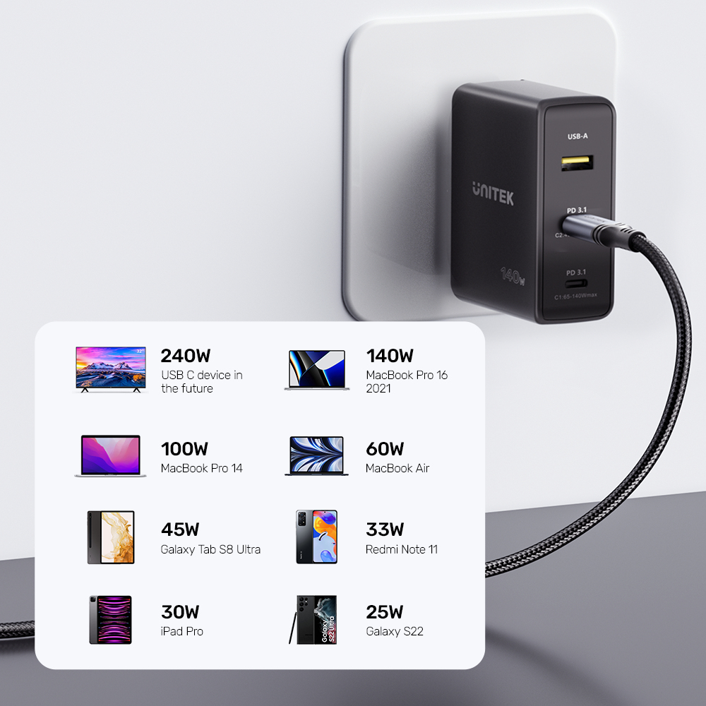 Unitek C14110GY-2M USB-C auf USB-C Kabel 240 W 2 m Schwarz
