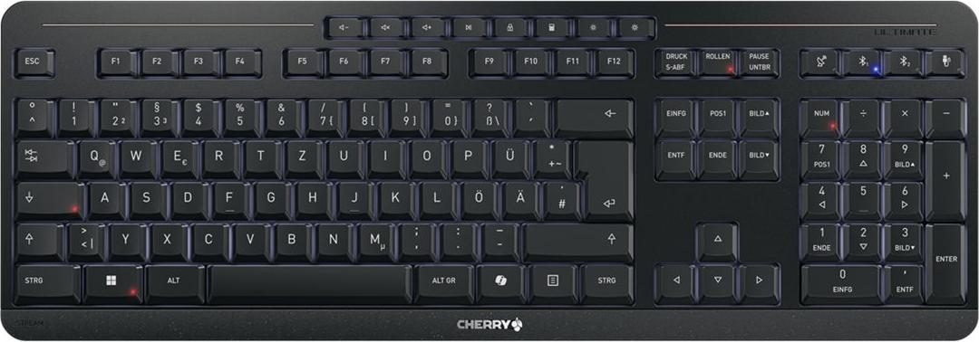 Cherry Stream Ultimate, Kabellose Tastatur 2x Bluetooth®-5.2-Kanäle, 2,4-GHz-Funk und USB, 8 Office- und Medientasten, CHERRY SX Scherenmechanik (JK-8570DE-2)