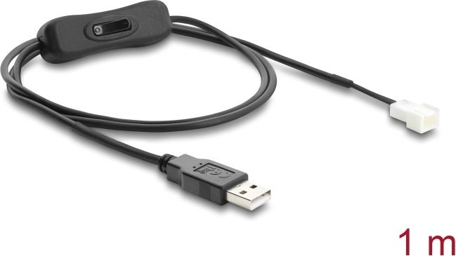 Delock Lüfterkabel USB 2.0 Typ-A Stecker zu 3 Pin (2 Pins belegt) Lüfteranschluss-Stecker mit Schalter 1 m (91233)