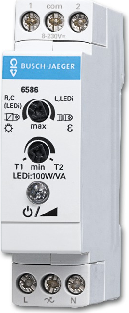 Busch-Jaeger 6586. Typ: Dimmer. Bauform: Montierbar, Produktfarbe: Weiß, Internationale Schutzart (IP-Code): IP20. AC Eingangsspannung: 230 V, AC Eingangsfrequenz: 50/60 Hz, Ohmsche Last (max): 100 W. Breite: 17,5 mm, Tiefe: 63 mm, Höhe: 70 mm (8719542)