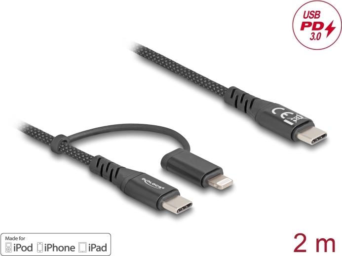 Delock USB Kabel 2 in 1 Type-C zu Lightning für iPhone und iPad 2 m MFi 60 (81171)