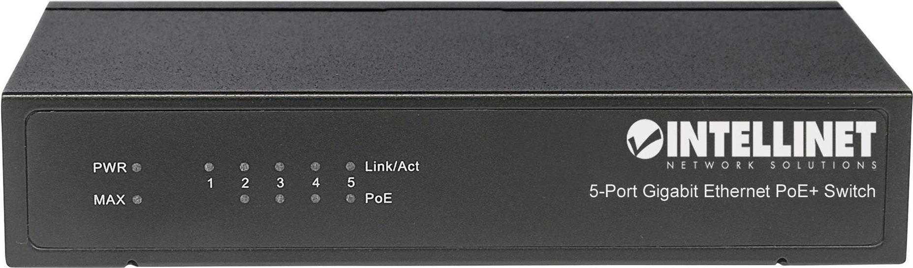 Intellinet 5-Port Gigabit Ethernet PoE+ Switch, 4x PoE+ 60 W, Desktop, Schwarz
