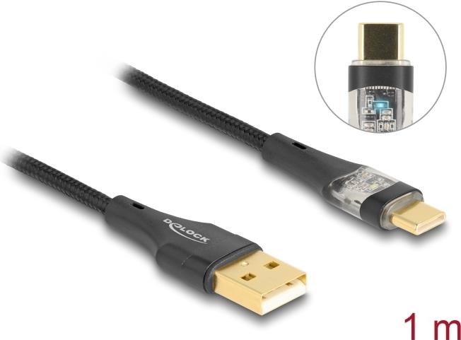 Delock USB 2.0 Kabel Typ-A Stecker zu USB Type-C™ Stecker mit Schnellladefunktion 60 W transparent 1 m (80760)