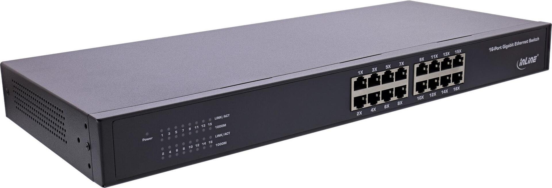 InLine® Gigabit Netzwerk Switch 16-Port, 1GBit/s, 48,26cm (19"), Metall, lüfterlos (32311O)