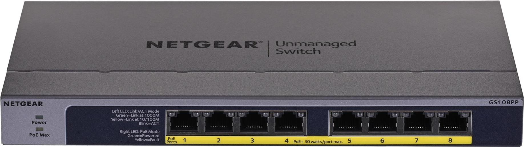 Netgear GS108PP Unmanaged Switch 8-Port Gigabit PoE+ Schwarz/Grau