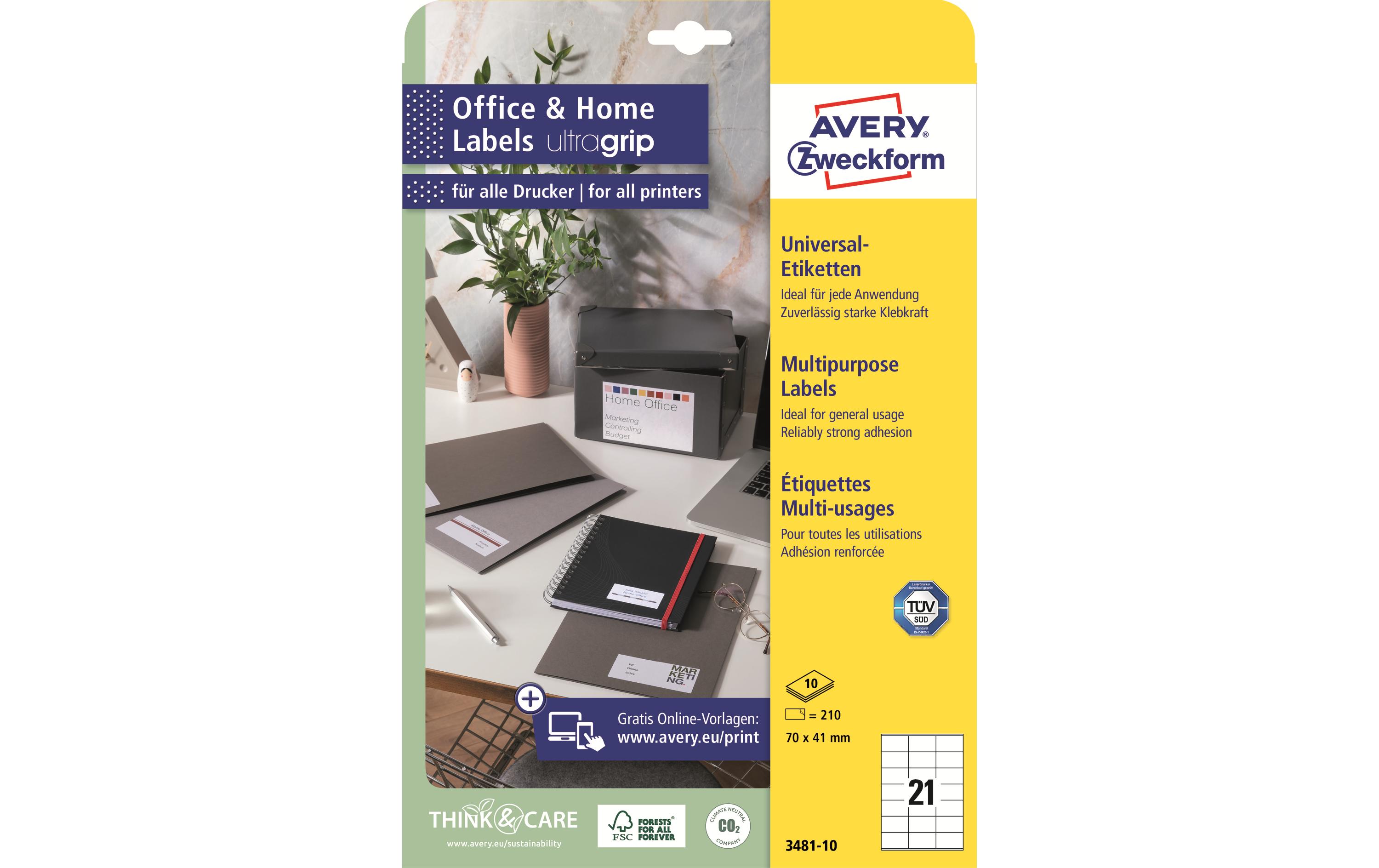Avery Zweckform 3481-10 Selbstklebende Druckeretiketten 70 x 41 mm A4 Permanent Weiß